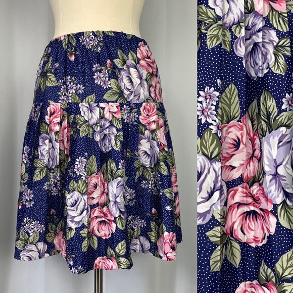 Vintage Pleated Skirt Womens Size 12 Navy Blue Rose Floral A Line Knee Length - Picture 1 of 14